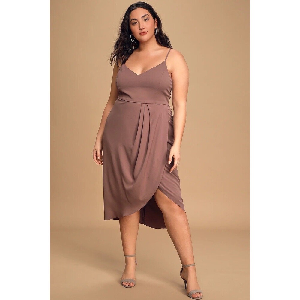 Lulu’s Dress Reinette Faux Wrap Tulip Hem Midi Spaghetti Strap Mauve Purple XL